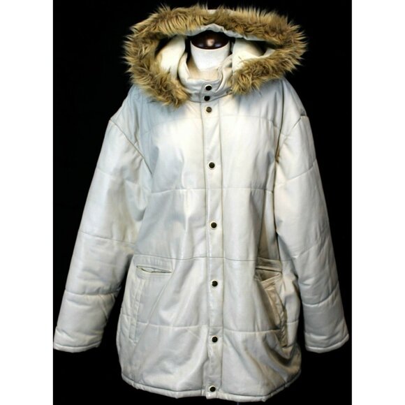 Excelled Beige Ecru Leather Winter Jacket Insulated Women 2XL Lined Hood Pocket - Picture 1 of 12